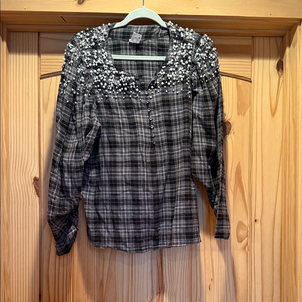 Elegant Black and White Plaid Blouse with Pearl Accents